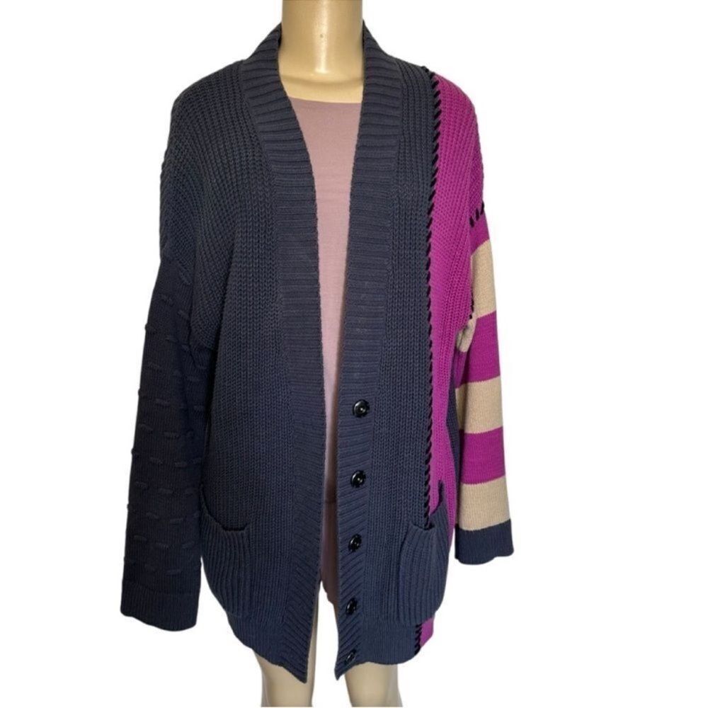 LISA TODD snap front retro color block long heavy knit cardigan sweater